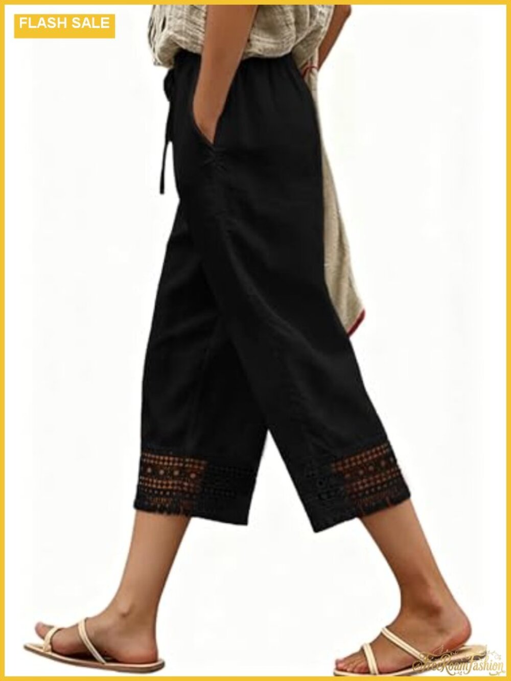 Women's Capri Pants Drawstring Elastic Waist Boho Lace Vacation 3/4 Trousers